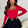 Wholesale Girl Like Me Red Square Neck Long Sleeve Bodysuit Tops