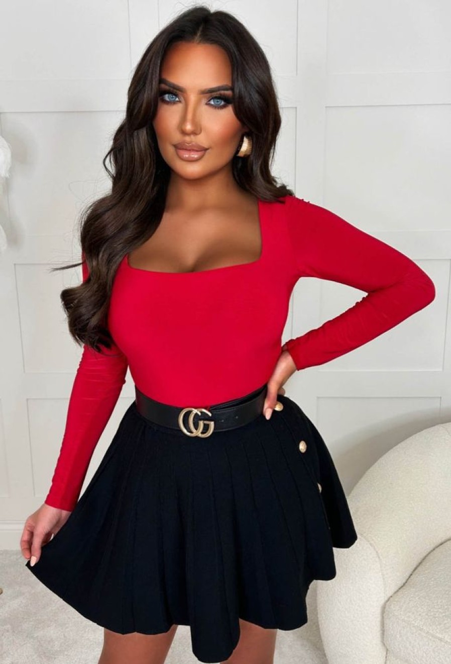 Wholesale Girl Like Me Red Square Neck Long Sleeve Bodysuit Tops