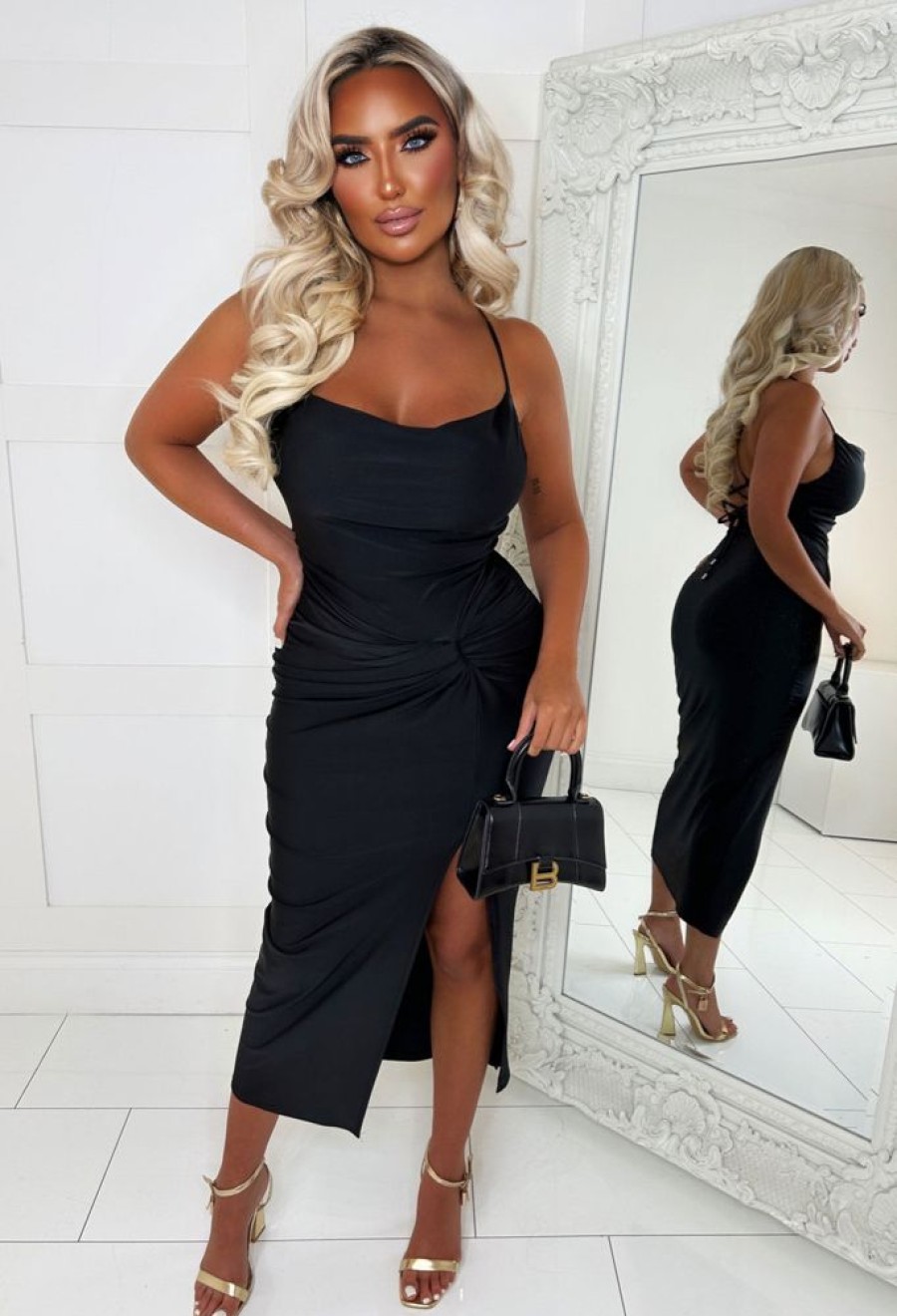 New Your Secret Black Lace Up Midi Dress Dresses