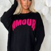 Wholesale Amour Chic Black Slogan Soft Jumper Tops