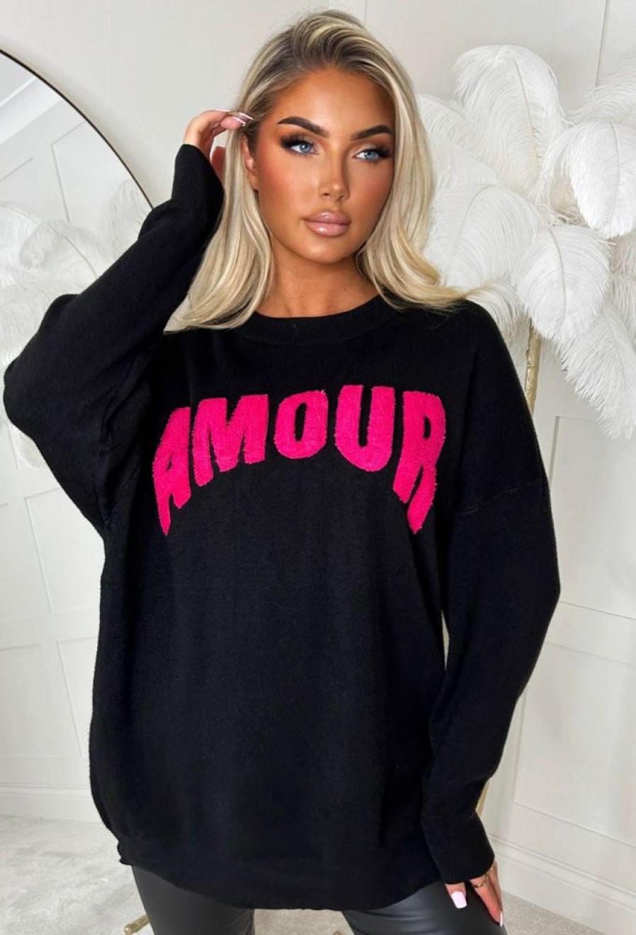 Wholesale Amour Chic Black Slogan Soft Jumper Tops