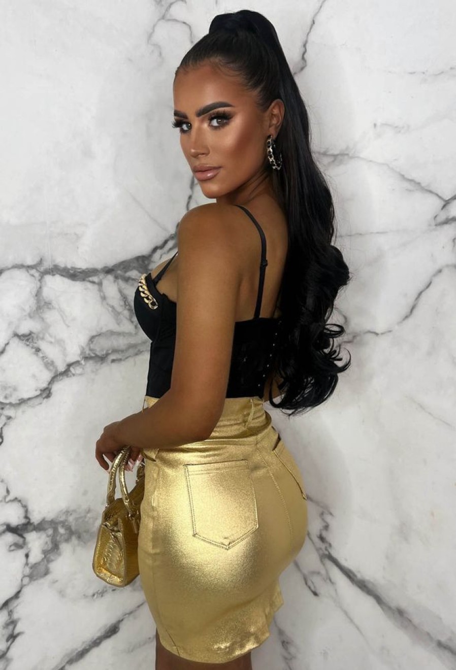 Hot Golden Daze Gold Metallic Stretch Western Mini Skirt Limited Edition Skirts