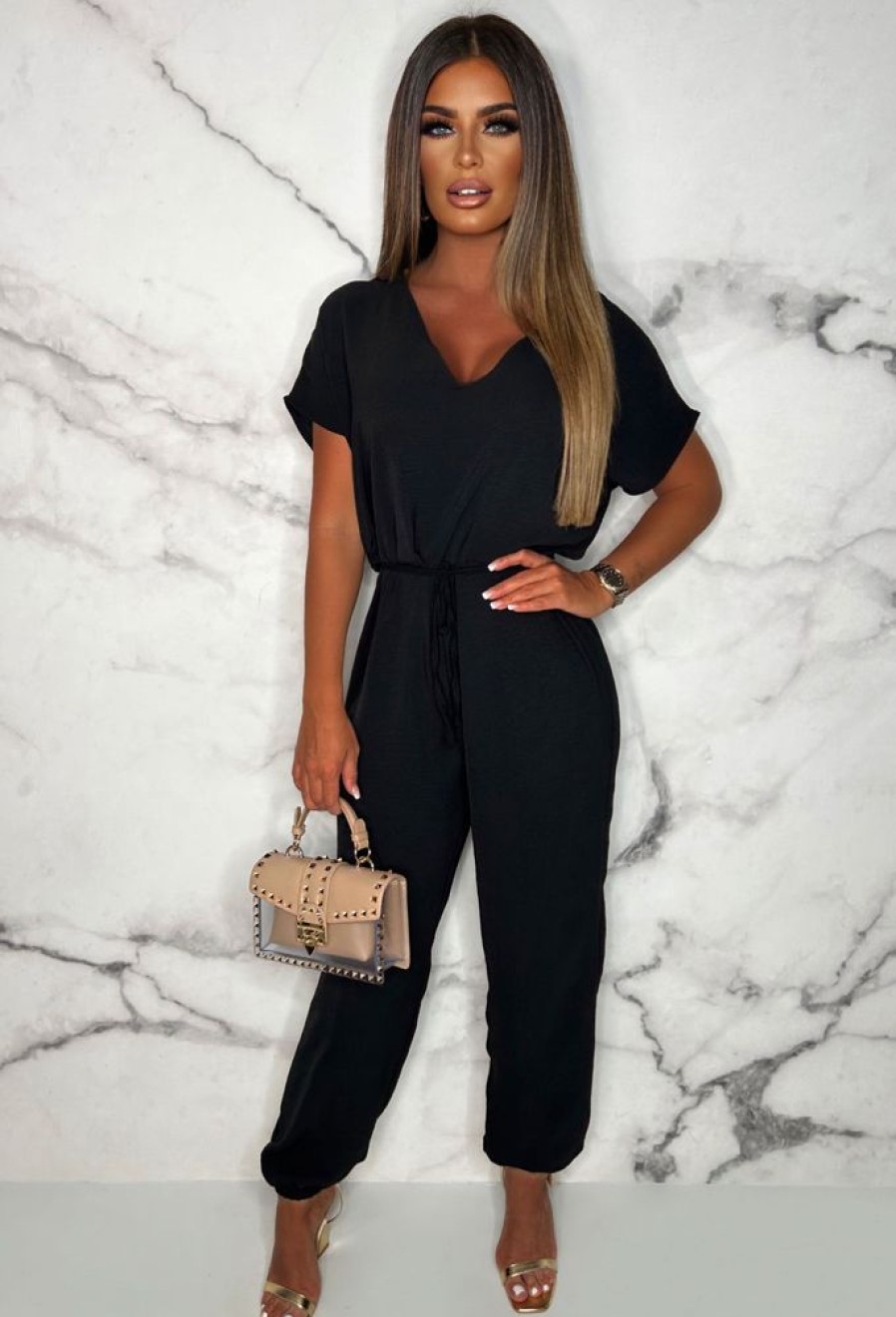 Clearance Everyday Elegance Black Elasticated Hem Belted Jumpsuit Jumpsuits