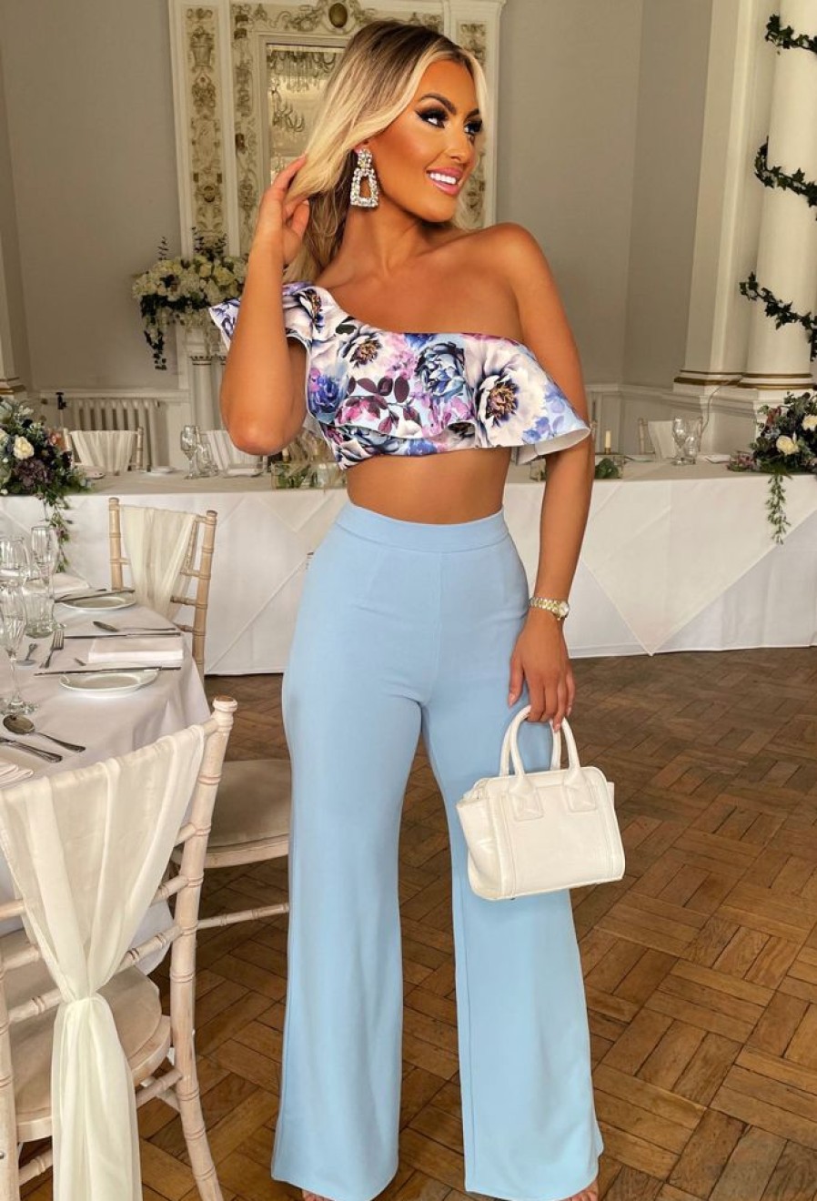 Online A Moments Like This Blue Floral Print Frill Crop Top Crop Tops & Bralets