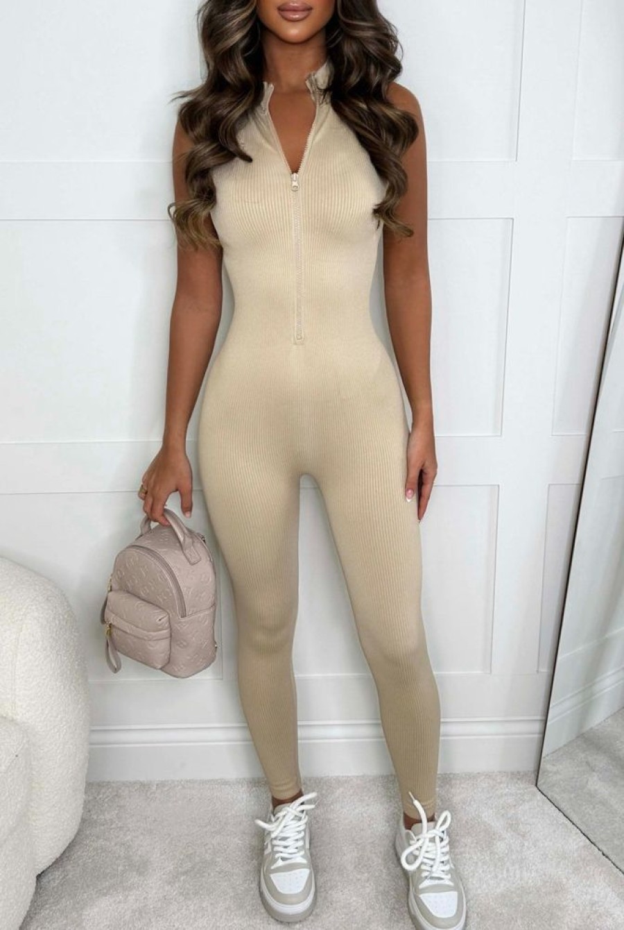 New In Her Element Beige Sleeveless Waist Cinching Zip Up Unitard Loungewear