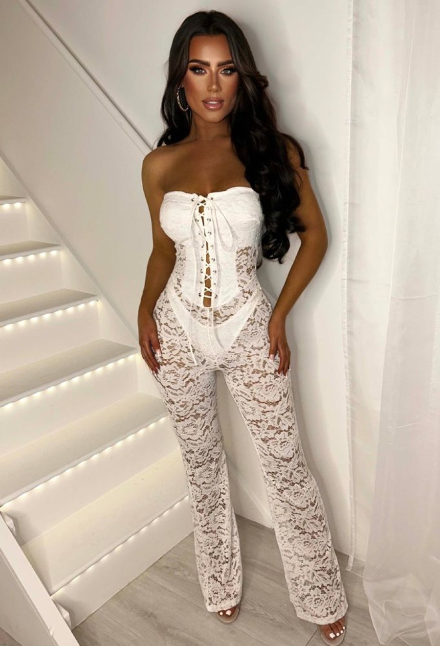 Online Laced Luxe White Laced Up Lace Jumpsuit Jumpsuits