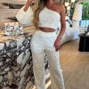 Hot Boho Vibe Cream One Sleeve Lace Trouser Co-Ord Set Co-Ords