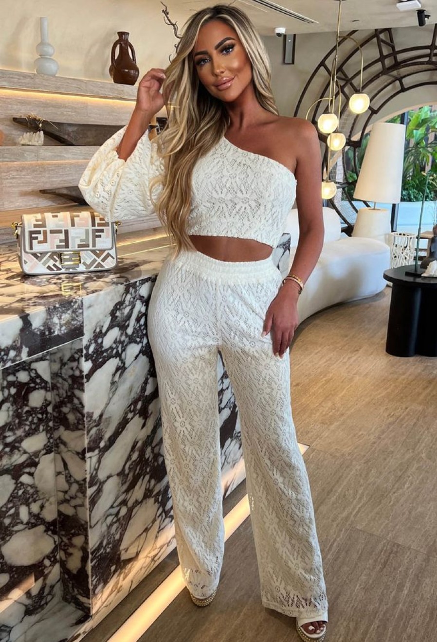 Hot Boho Vibe Cream One Sleeve Lace Trouser Co-Ord Set Co-Ords