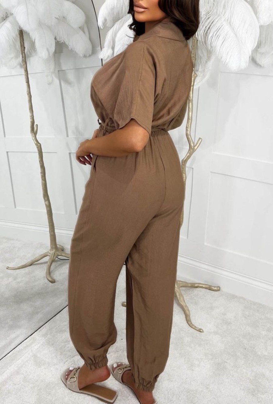 New Urban Attire Brown Button Front Hareem Belted Jumpsuit Jumpsuits