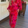 Clearance Sunset Paradise Hot Pink Printed Button Front Long Sleeve Midi Dress Summer Dresses