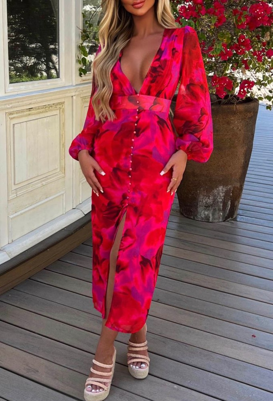 Clearance Sunset Paradise Hot Pink Printed Button Front Long Sleeve Midi Dress Summer Dresses