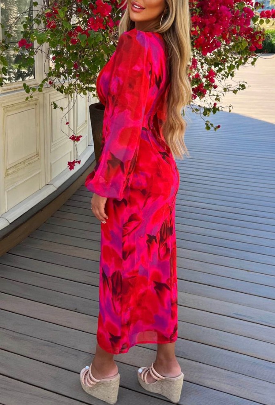 Clearance Sunset Paradise Hot Pink Printed Button Front Long Sleeve Midi Dress Summer Dresses