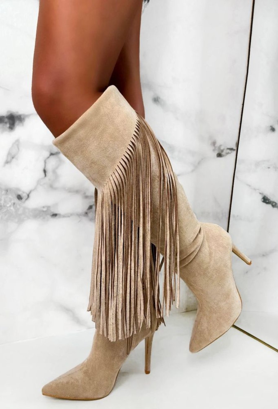 Best Sweet Moments Cream Suede Tassel Knee High Boots Boots