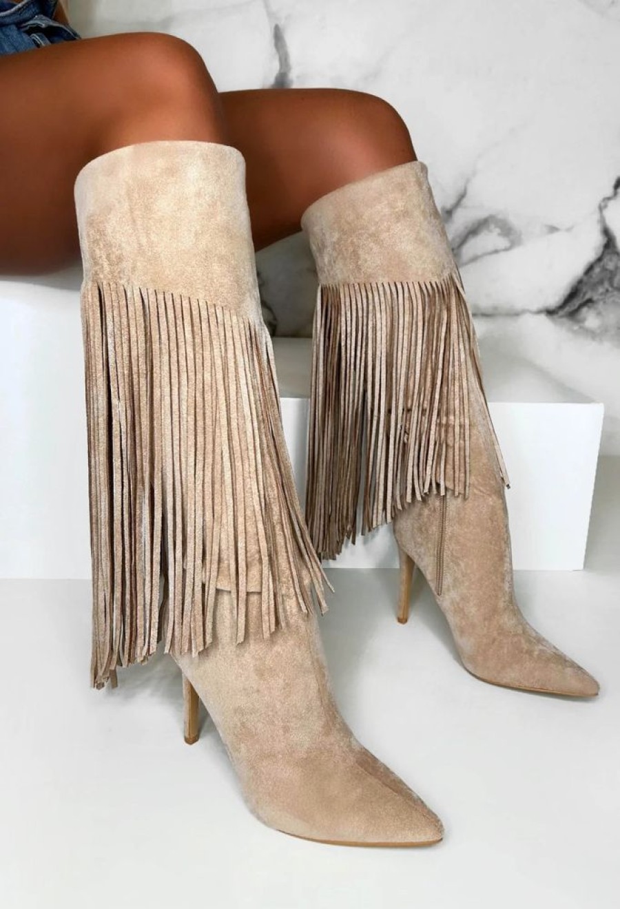 Best Sweet Moments Cream Suede Tassel Knee High Boots Boots