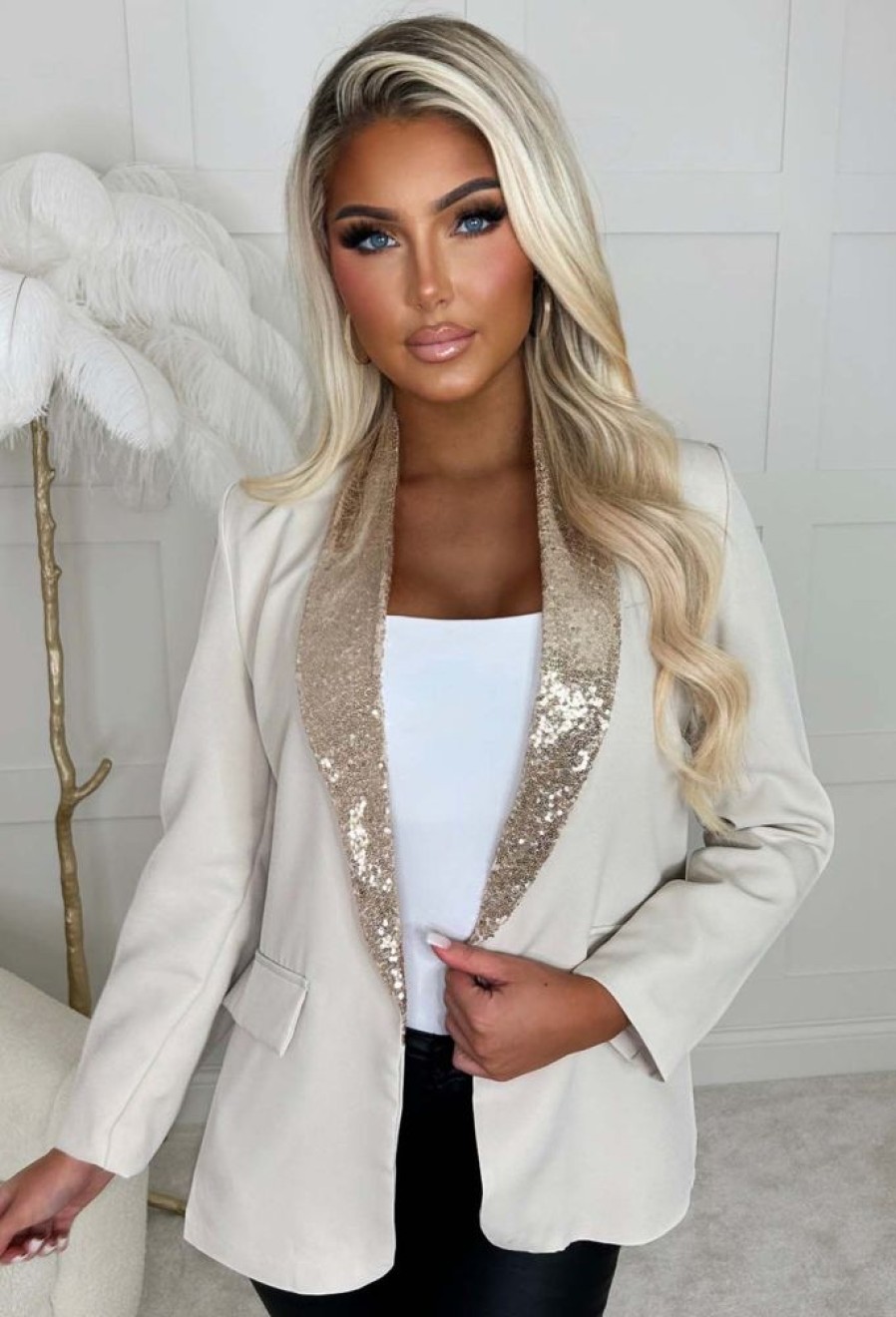 Best Iconic Mystery Beige Sequin Collar Blazer Coats And Jackets