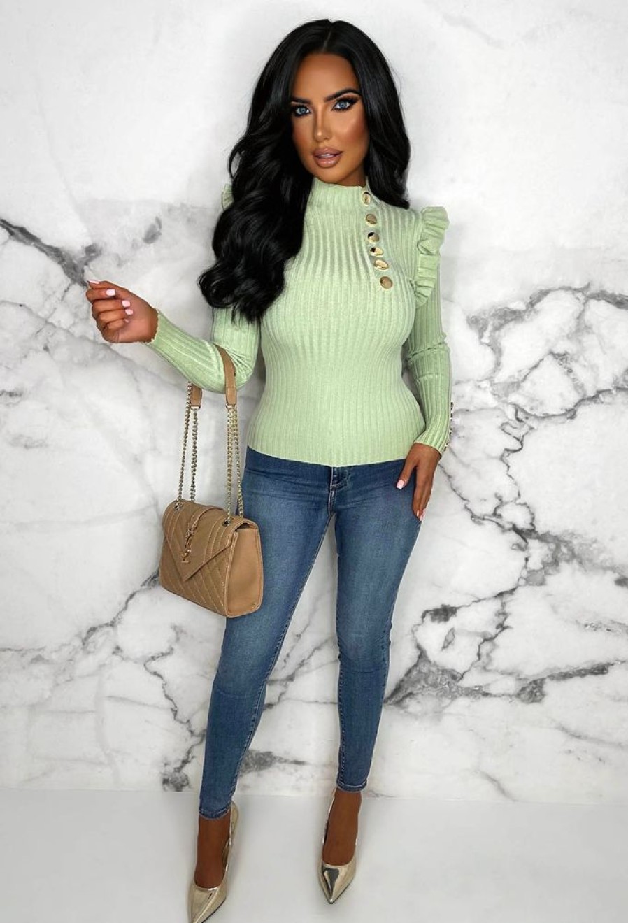 Clearance Meet Me Later Mint Green Frill Sleeve Gold Button Jumper Tops