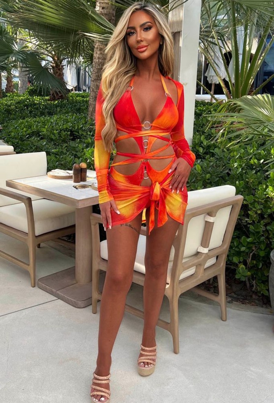 Hot Fiery Skies Orange 3-Piece Swimsuit And Cover Up Co-Ord Set Swimwear