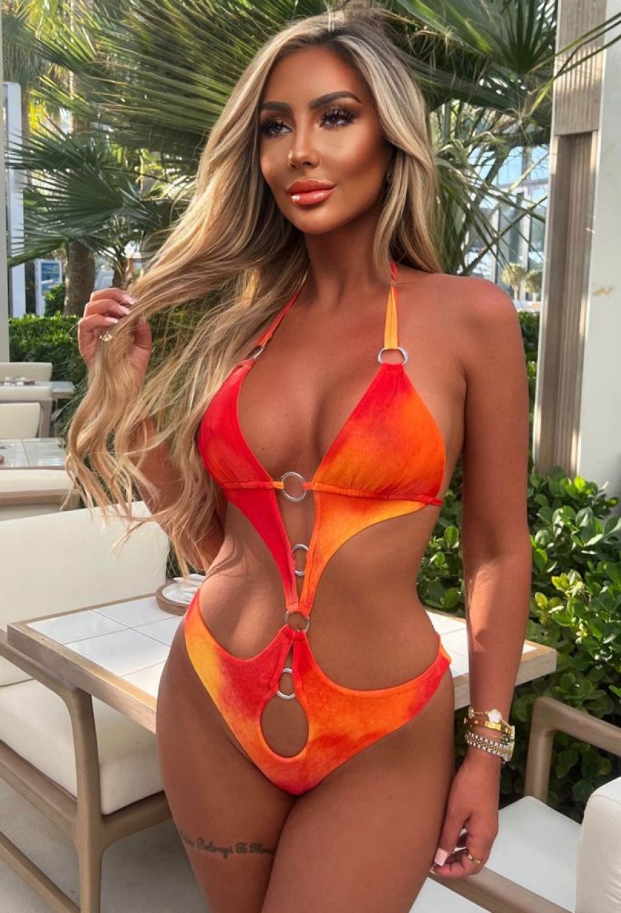 Hot Fiery Skies Orange 3-Piece Swimsuit And Cover Up Co-Ord Set Swimwear