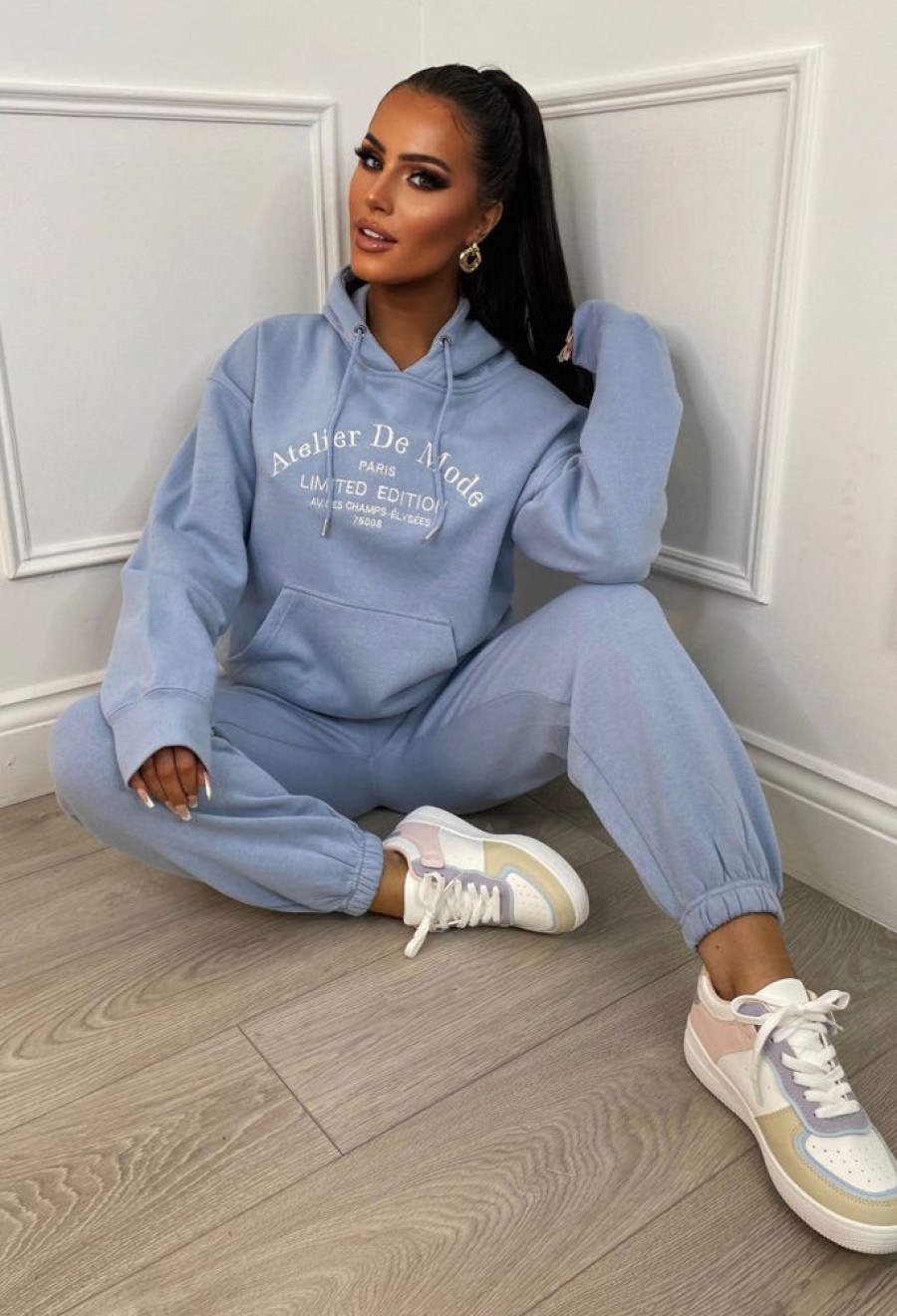 Clearance Ltd Edition Blue Embroidered Hooded Two Piece Loungewear Set Loungewear