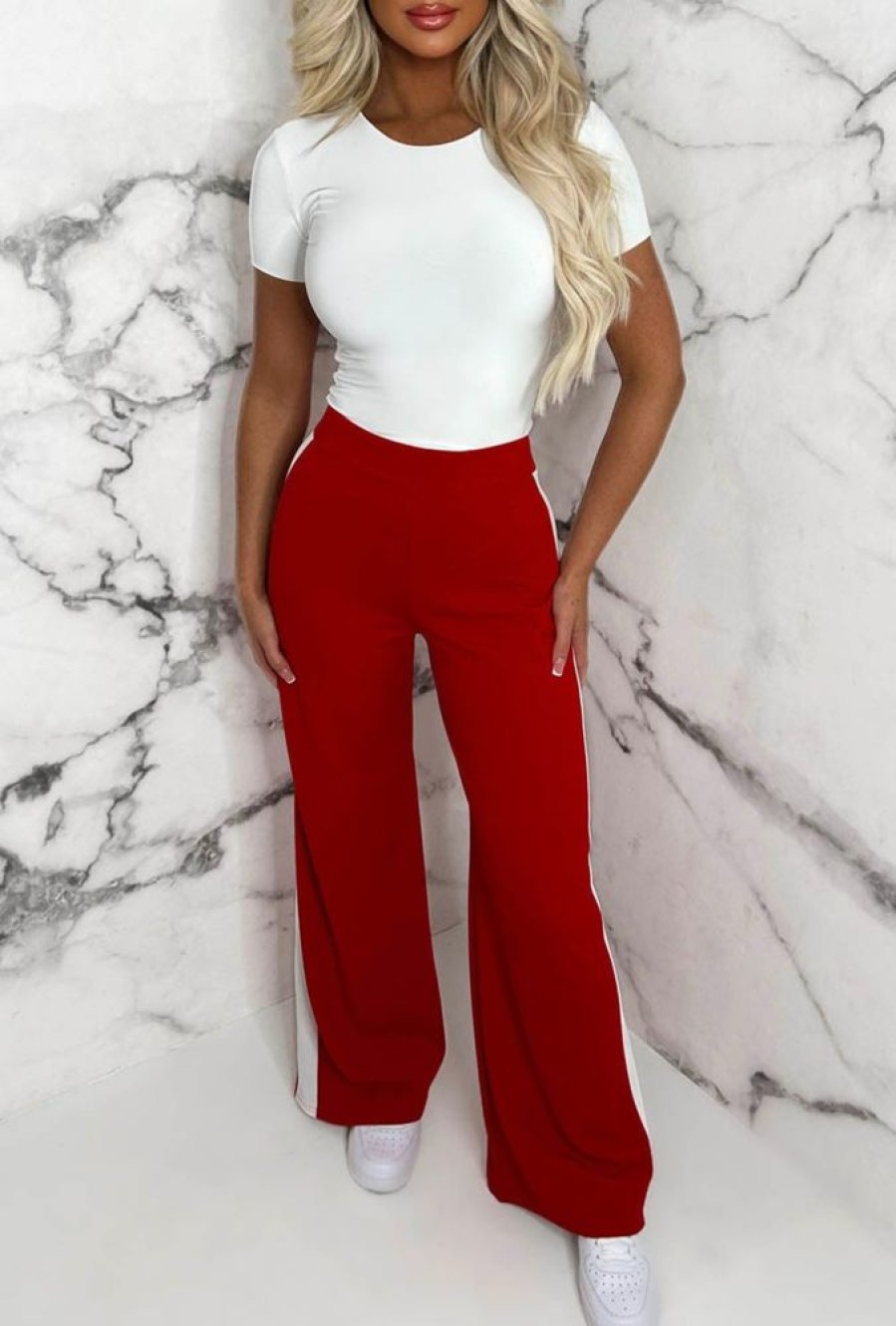 Best Always A Hero Red Wide Side Stripe Stretch Trousers Trousers & Leggings