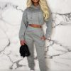 Wholesale Urban Lounge Grey Cropped Hooded Two Piece Loungewear Set Loungewear