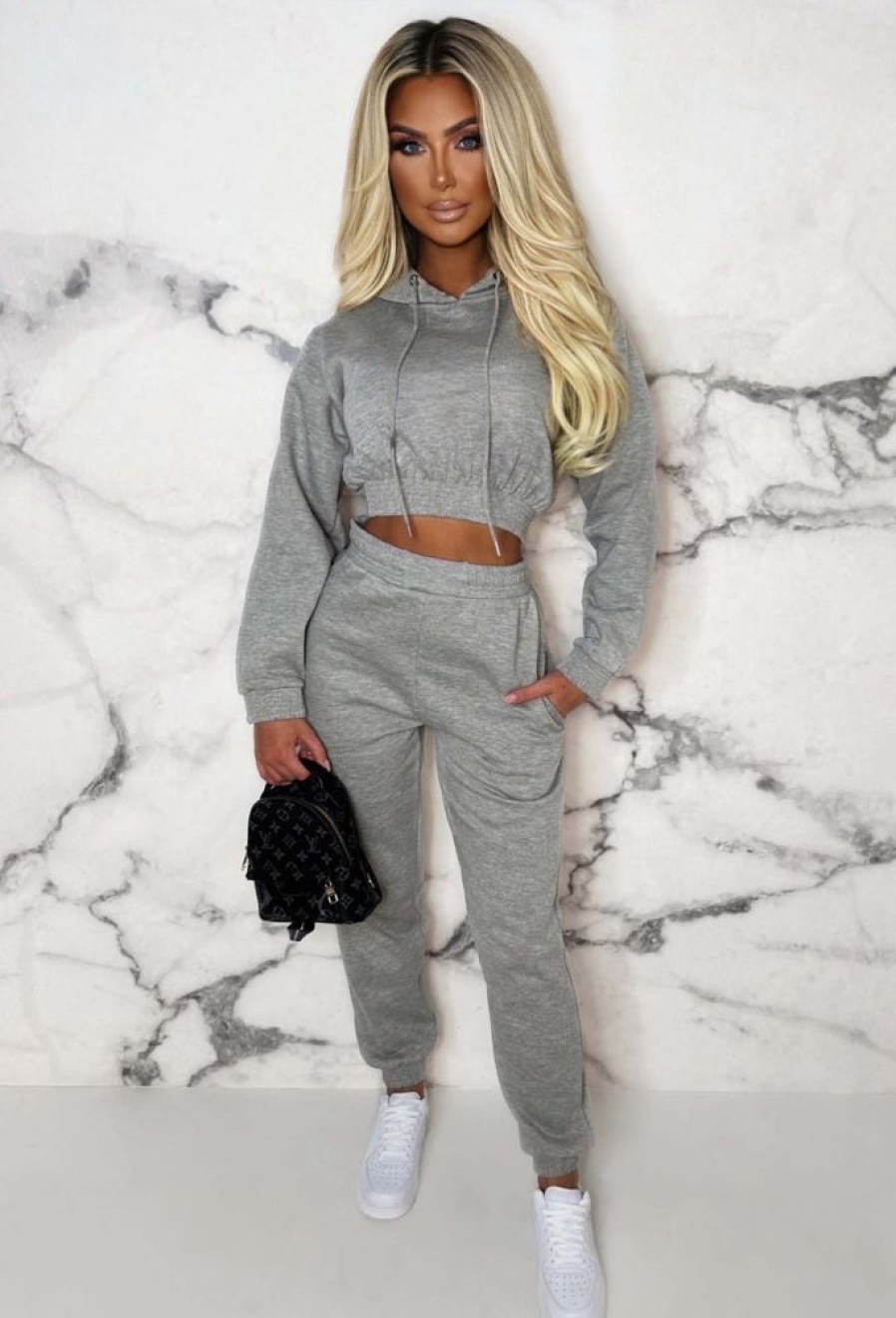 Wholesale Urban Lounge Grey Cropped Hooded Two Piece Loungewear Set Loungewear