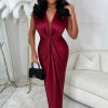 Wholesale Cocktail Hour Red Stretch Sleeveless Plunge Ruched Midi Dress Dresses