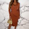 Online Chasing Romance Rust Long Sleeve Ruched Midi Dress Summer Dresses