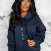 Online Lounging Around Navy Ruched Sleeve Hooded Sweatshirt Loungewear