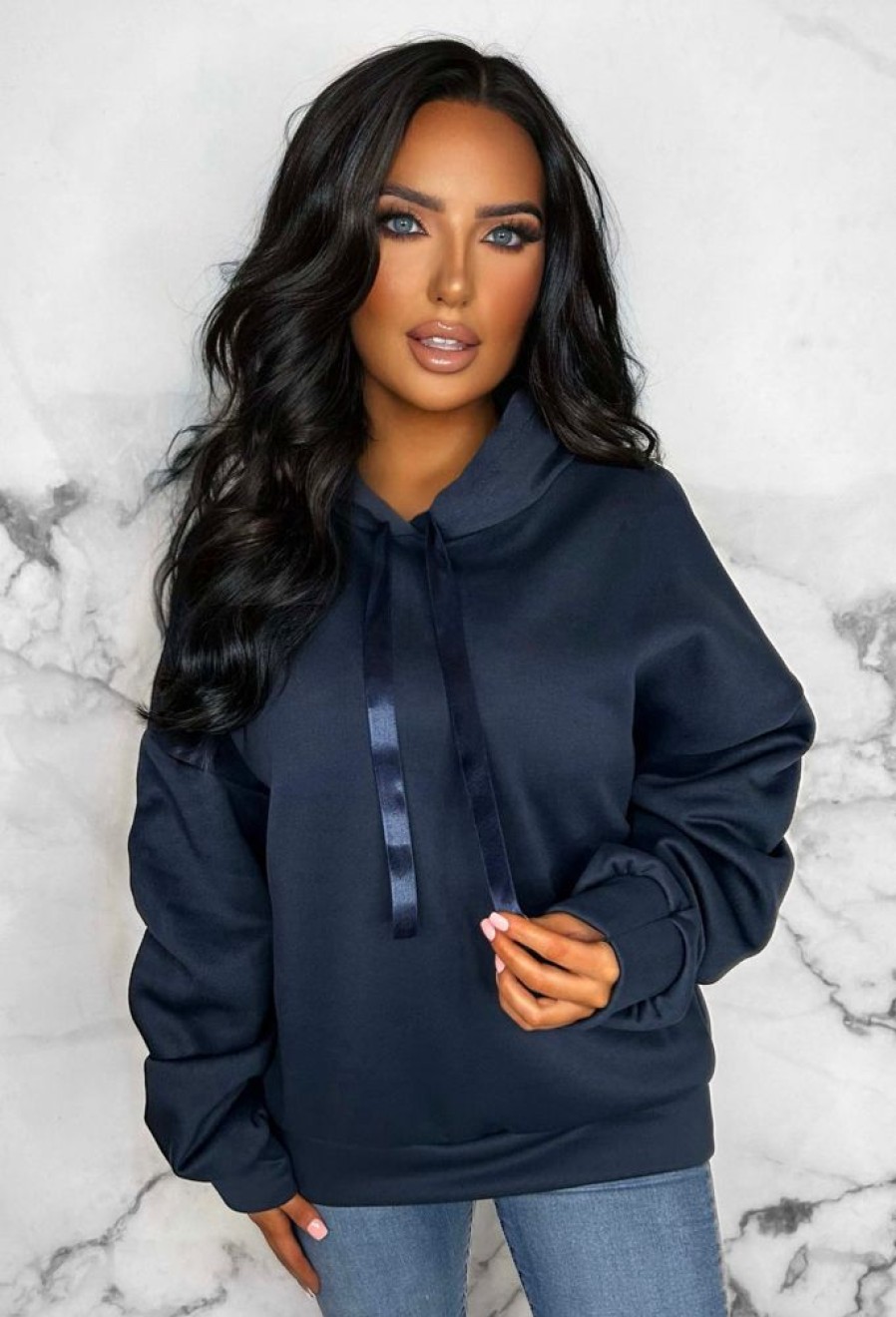 Online Lounging Around Navy Ruched Sleeve Hooded Sweatshirt Loungewear