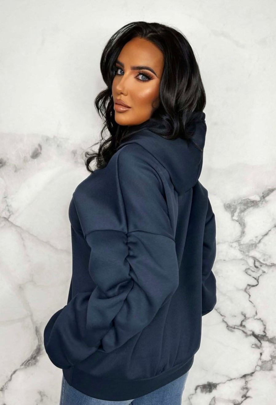 Online Lounging Around Navy Ruched Sleeve Hooded Sweatshirt Loungewear