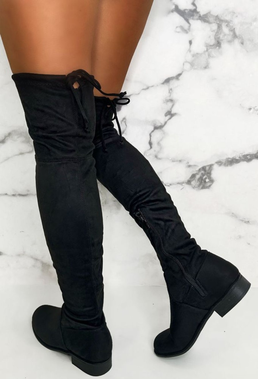 Online More About Me Black Stretch Suede Over The Knee Boots Boots