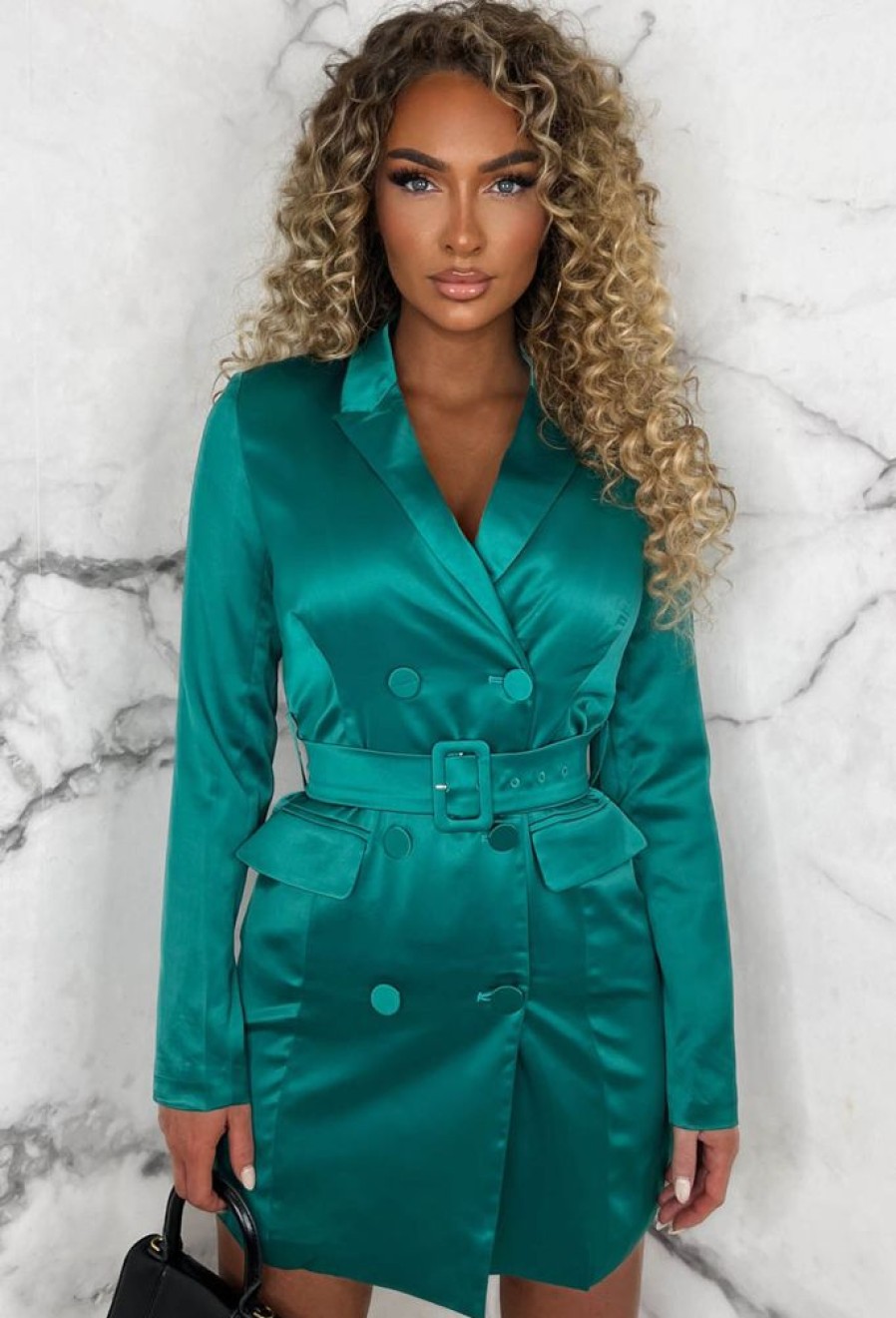 Clearance Wall Street Glam Green Satin Belted Blazer Dress Dresses