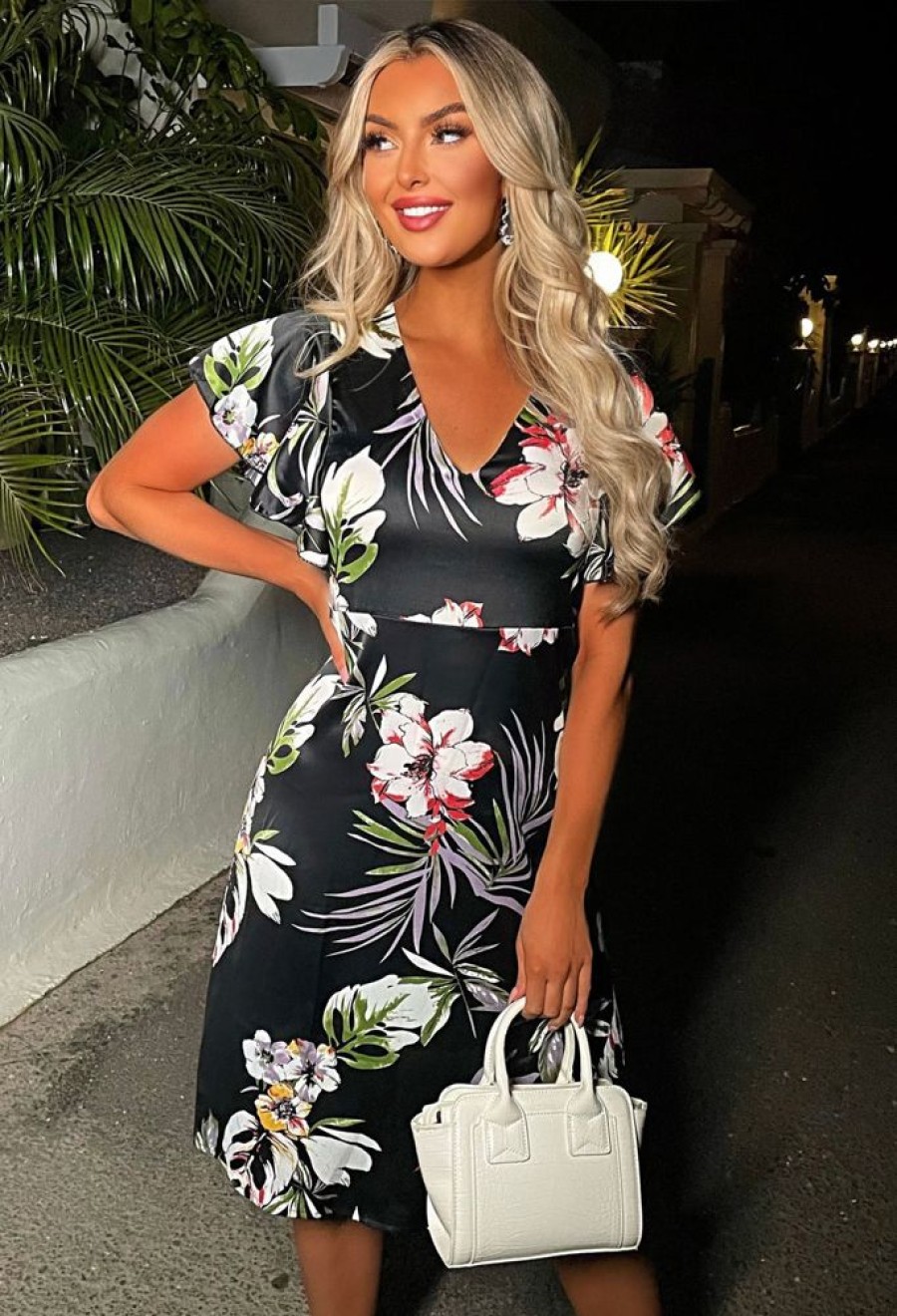 Best Love Flowers Black Floral V Neck Midi Dress Summer Dresses