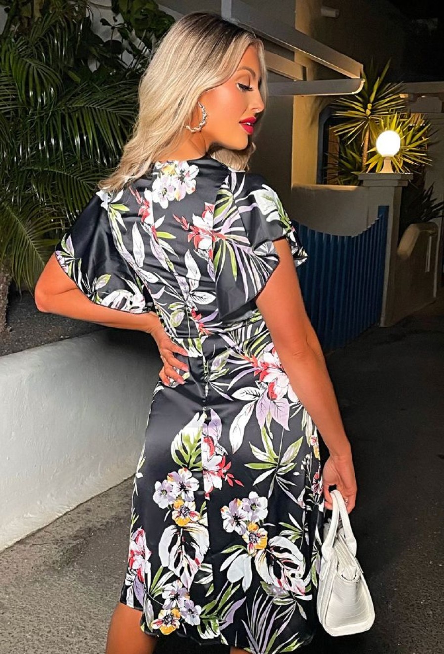 Best Love Flowers Black Floral V Neck Midi Dress Summer Dresses