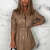 Online Prescilla Nude Studded Belted Faux Leather Mini Shirt Dress Dresses