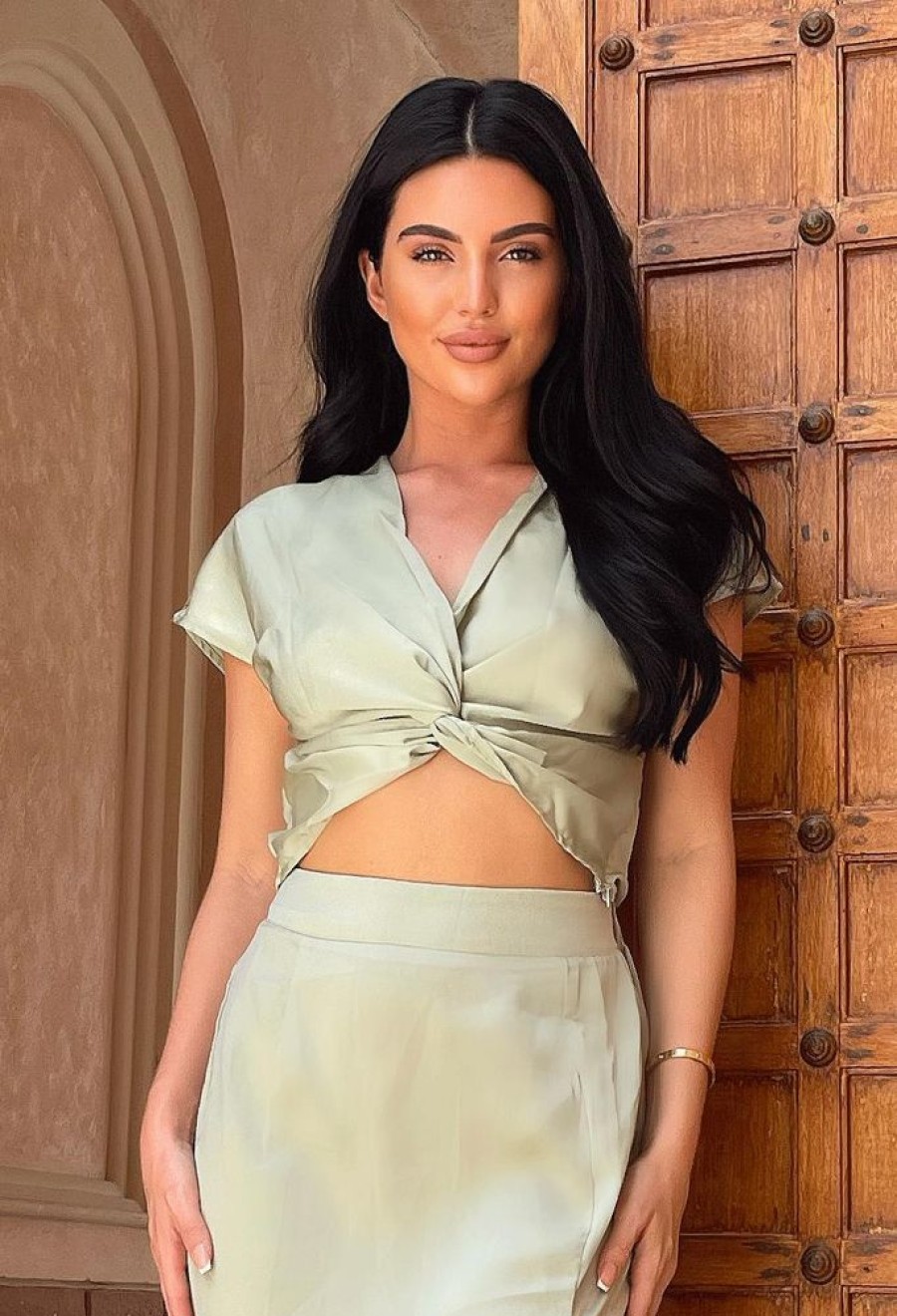 Hot Sultry In Satin Green Twist Front Satin Crop Top Crop Tops & Bralets