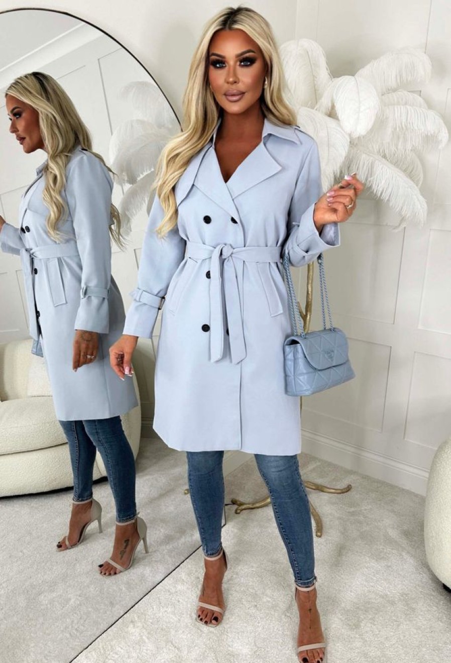 Best Coco Desire Blue Belted Trench Coat Coats And Jackets