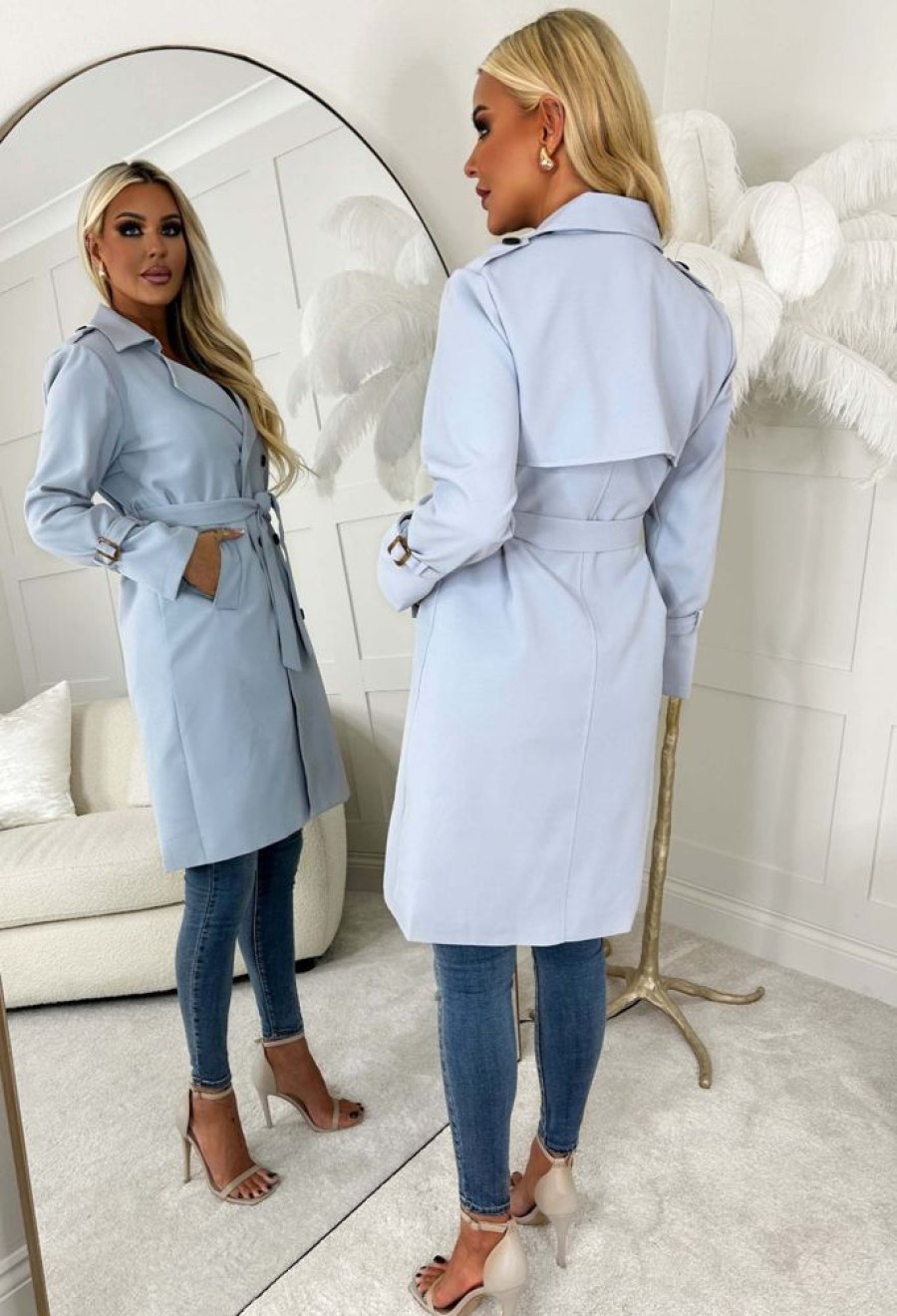 Best Coco Desire Blue Belted Trench Coat Coats And Jackets