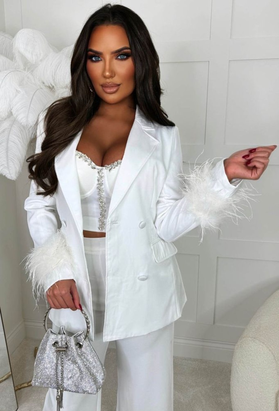 Best Feather Fantasy White Feather Cuff Double Breasted Blazer Coats And Jackets