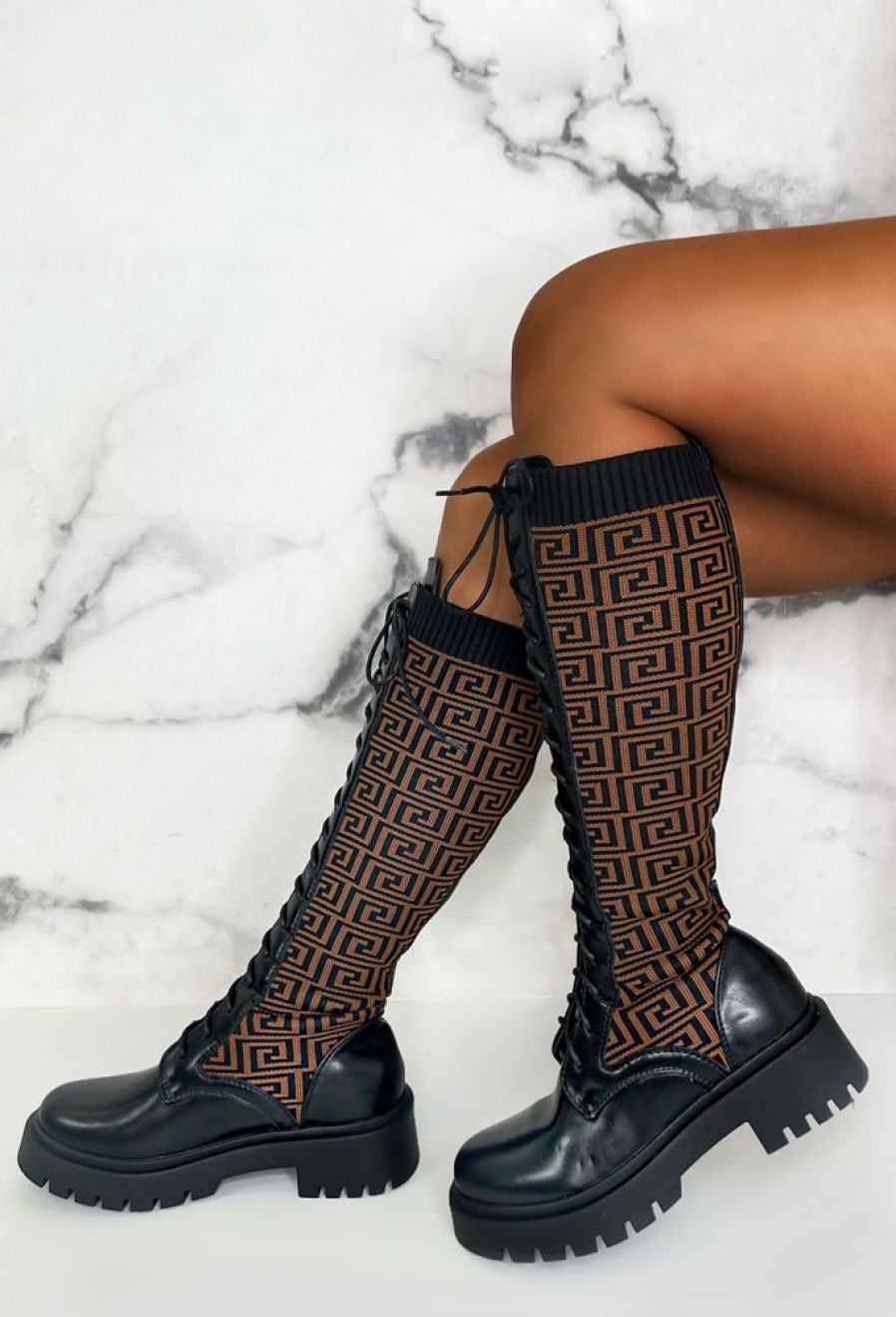 New Quite Obsessed Black Knitted Geometric Lace Up Knee High Boots Boots