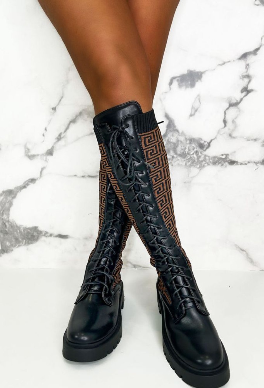 New Quite Obsessed Black Knitted Geometric Lace Up Knee High Boots Boots