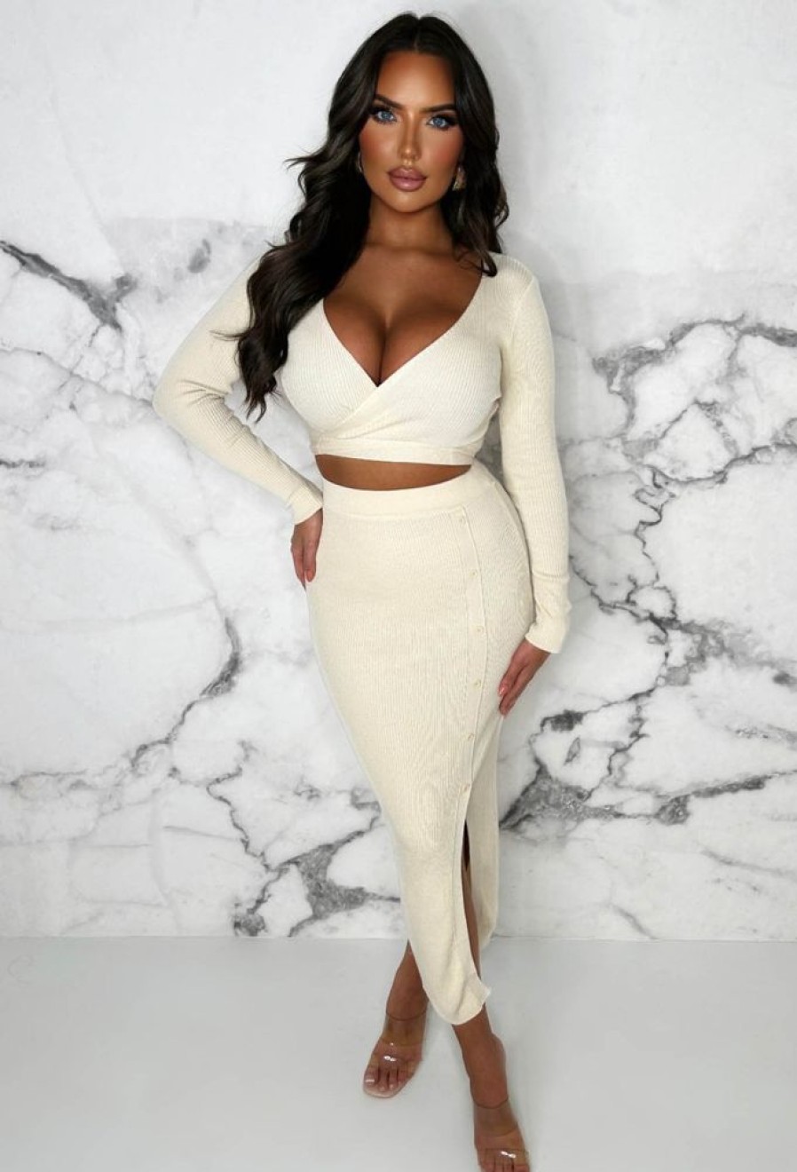 Online Wrap Me Up Cream Top And Midi Skirt Knitted Co-Ord Set Knitwear