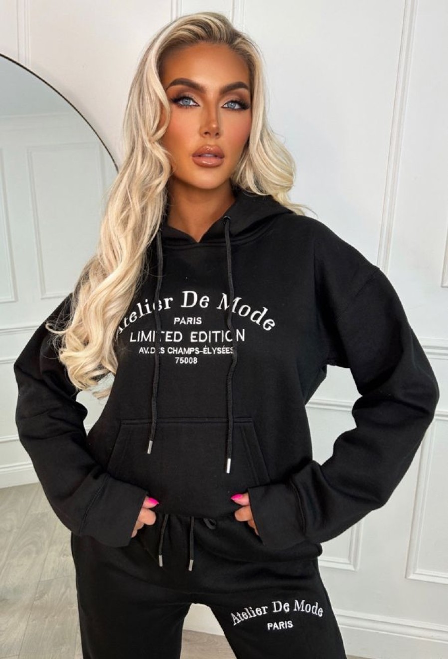 New Ltd Edition Black Embroidered Hooded Two-Piece Loungewear Set Gifts