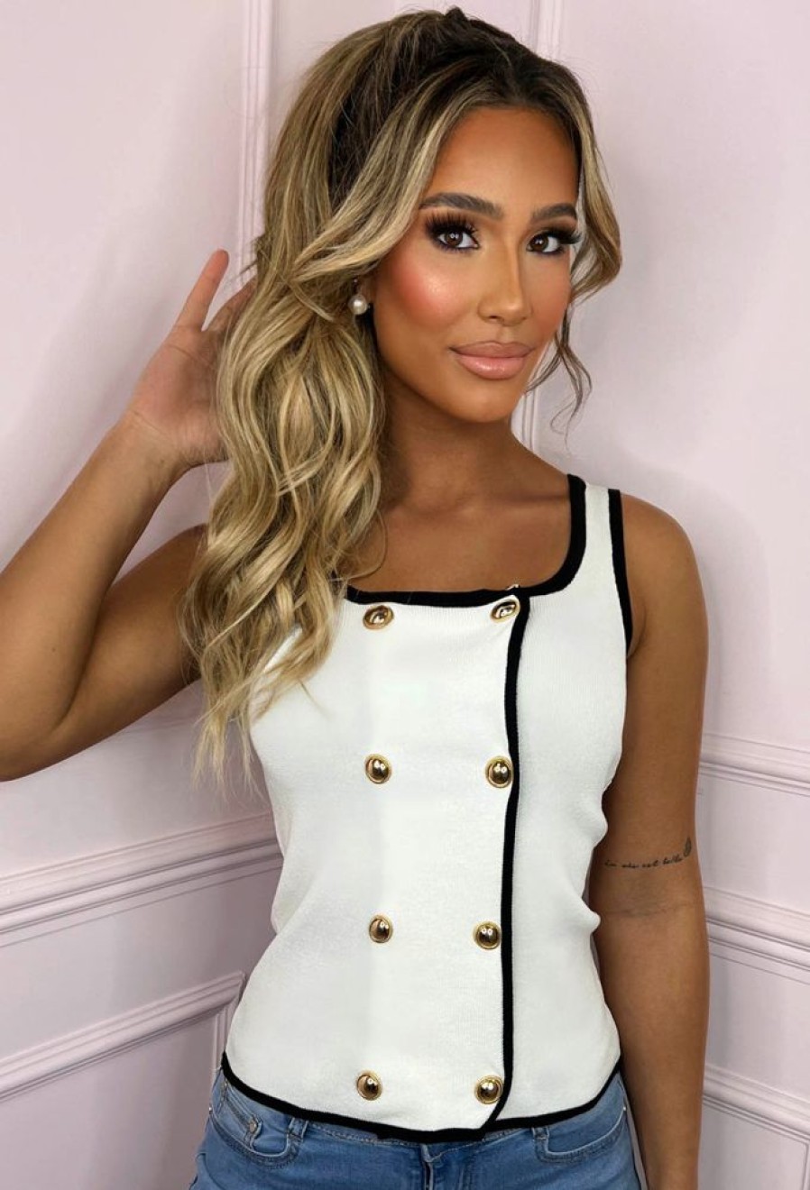 Hot Classique Charm White Double Button Knit Vest Top Tops