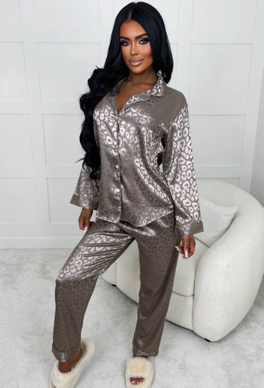 Online Fierce Romantic Taupe Leopard Print Satin Wide Leg Pyjama Set Nightwear