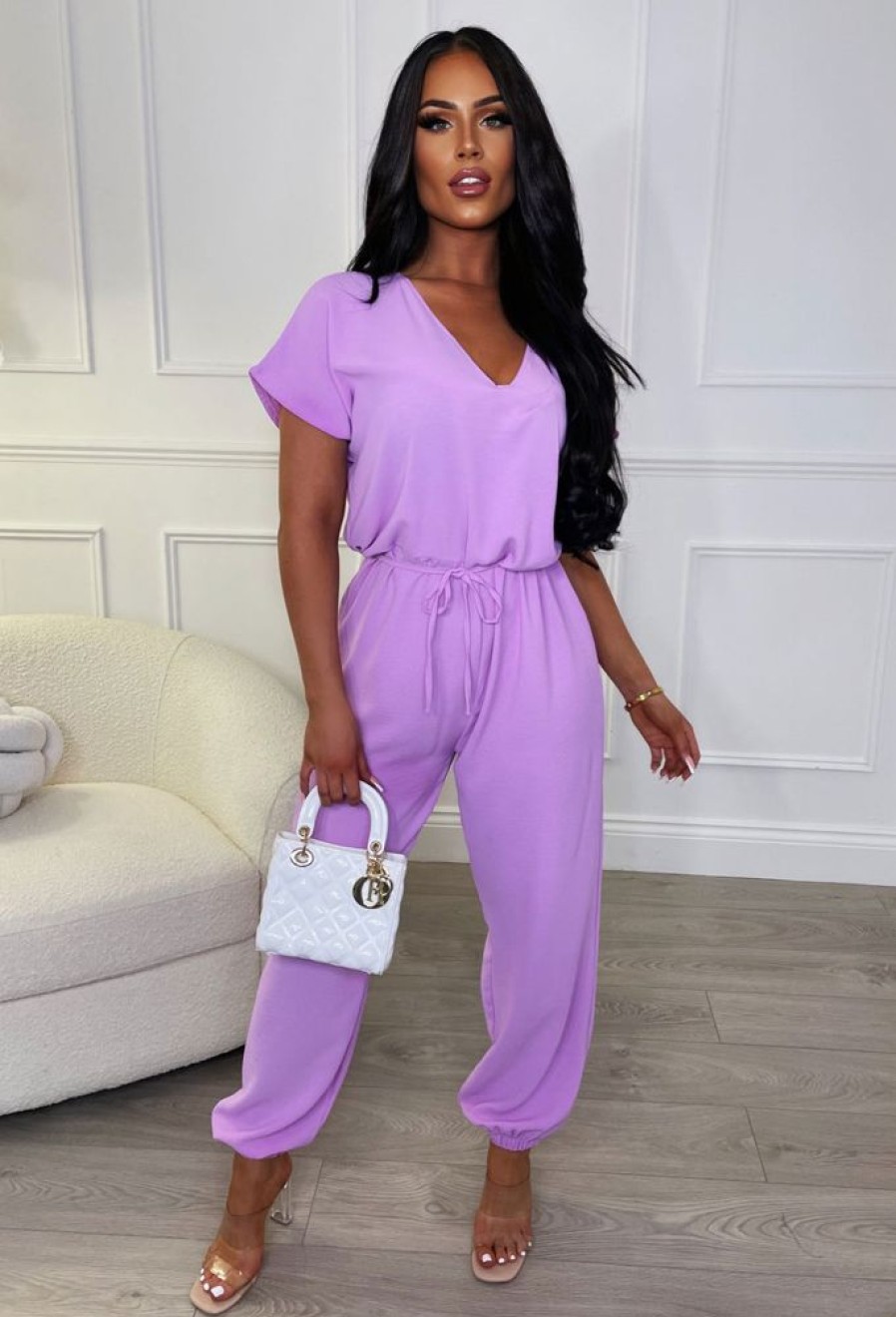 Hot Everyday Elegance Lilac Elasticated Hem Belted Jumpsuit Jumpsuits