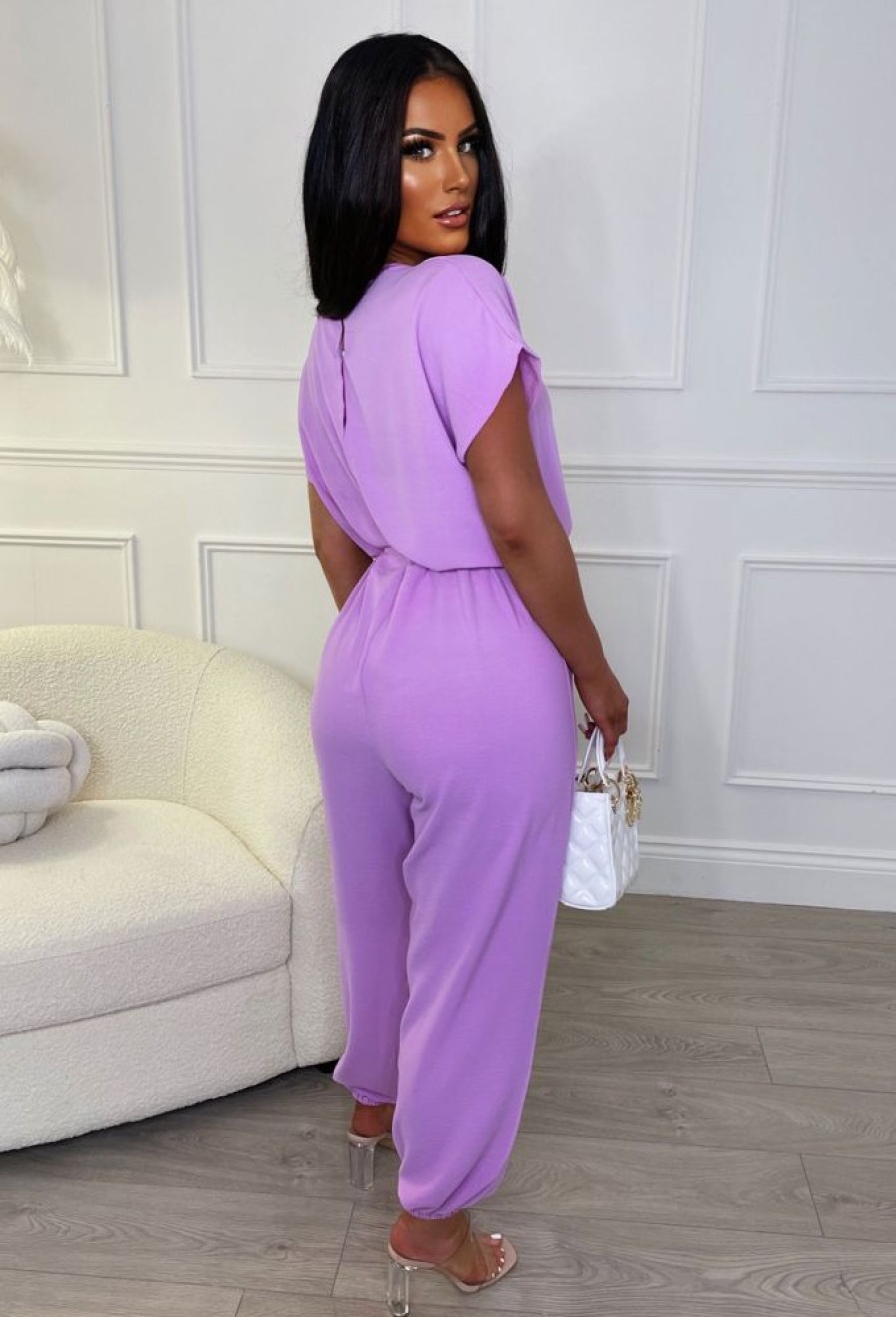 Hot Everyday Elegance Lilac Elasticated Hem Belted Jumpsuit Jumpsuits