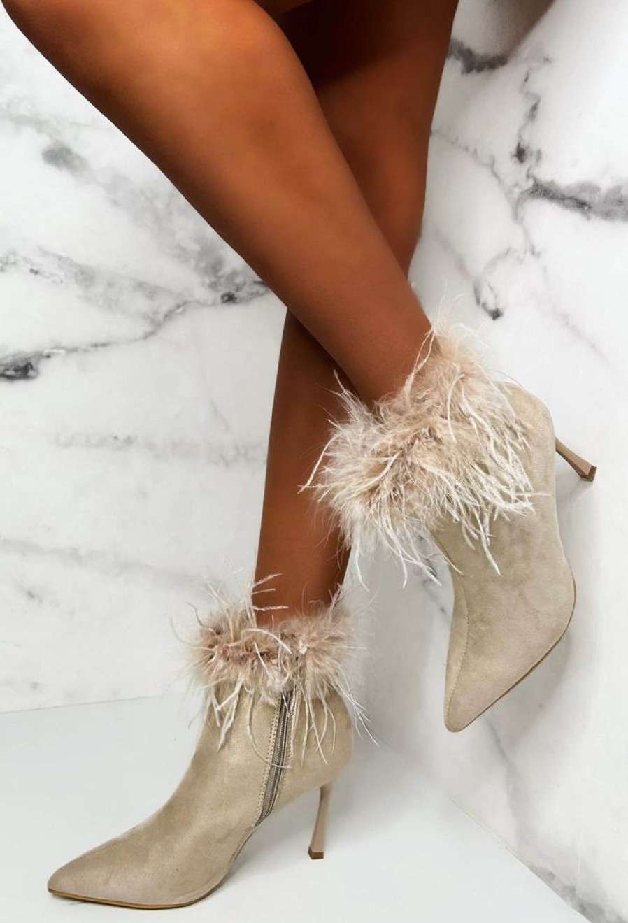 Best Love In The Air Nude Feather Trim Faux Suede Ankle Boots Limited Edition Boots