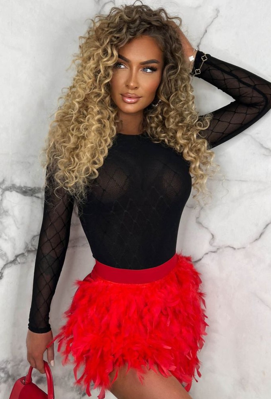 Clearance Femme Attire Red Feather Elasticated Skirt Skirts